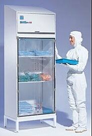 Type C Cleanroom Garment Storage Cabinet features a full cabinet with optional shelves for cleanroom garments and materials  |  4205-21C displayed