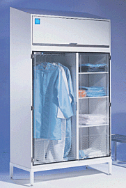 Cleanroom Storage Cabinet for Supply Garments shown with props  |  4101-18D-220 displayed