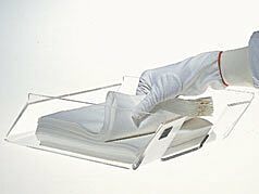 Acrylic Cleanroom Wipe Dispenser with an angled design facilitates easy access to single-sheet wiper removal even by gloved hands  |  4950-93 displayed