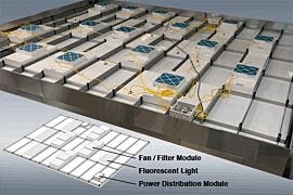 Stainless steel ceiling grid, shown with fan/filter units (FFUs), lights and polypropylene ceiling panels installed  |  6601-83 displayed