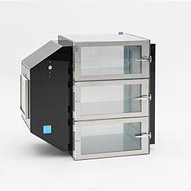 Static-dissipative PVC 3-chamber curing and drying cabinet with black acrylic inlet/outlet filter/blower housing, 120VAC, 50/60Hz  |  6082-24A displayed