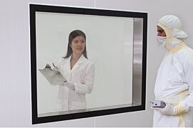 Shown:  47" x 36" BioSafe powder-coated cleanroom window flush-mounted in a BioSafe Cleanroom with FRP finish  |  6603-26-1202 displayed