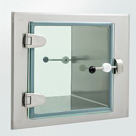 Pass-through utilizes a pivoting bar latch with large ergonomic handle on each door that rotates into the catcher  |  2627-PP-01 displayed