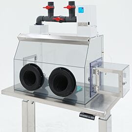 Glove box with filtration module adjustable to single-pass or continuous recirculation operation, shown with optional air lock  |  3306-62 displayed