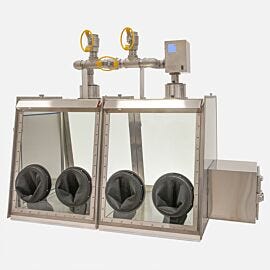 Stainless steel twin glove box adjusts to open-loop, single-pass operation or closed-loop, continuous recirculation (air lock optional)  |  1694-90 displayed