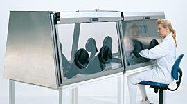 Stainless Steel Full-View Series 500 Glove Boxes provide dual-side access (twin model shown with optional gloves, stand)  |  1694-32A displayed