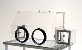 Acrylic laboratory glove box includes two glove ports (shown with optional air lock and relief/bleed valves)  |  1689-00H displayed