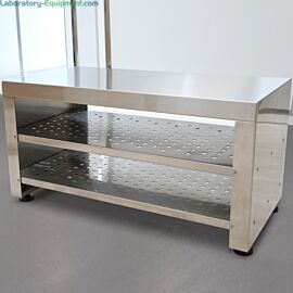 Solid-top 36"L gowning bench includes perforated shelves for bootie storage  |  1540-15 displayed