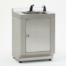 Single-sink modular cleanroom hand washing station in 304 stainless steel with hands-free faucet and automatic IR beam soap dispenser included  |  9600-83B displayed