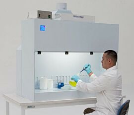 Shown: Polypropylene Containment Hood with fan/filter unit (sold separately), installed on optional work surface  |  2101-21 displayed