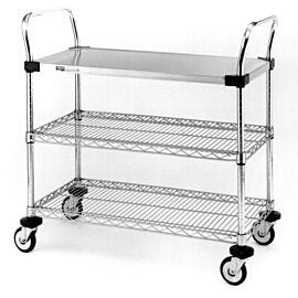 Stainless steel and Chrome Plated Utility Carts by InterMetro includes two wire and one solid steel shelf, handles and four casters  |  1401-54 displayed