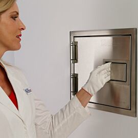 Fire-rated pass-through doors carry the UL 10B label, allow transfer of small items through a fire-rated wall  |  2641-20A displayed