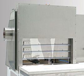 Pneumatic vertical sliding door on the back side of a glovebox isolator; allows easy hands-free access and transfer  |  1530-74B displayed