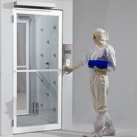 Powder-Coated Aluminum Automatic door opener with motion sensor allows hands-free door operation (shown installed above Air Shower entrance)