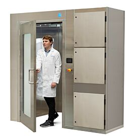 Low profile stainless steel unit provides cleanroom protection and self containing unit for decontamination  |  6010-00D-LP displayed