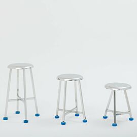 Industrial stainless steel lab stools with adjustable leveling feet, available in three different heights for laboratory and cleanroom applications.  |  2806-PP-02 displayed