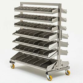 Double-sided mobile bin handled shelving unit with seven shelves per side, in three sizes for a variety of small parts storage and easy access  |  9611-74 displayed