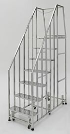 Narrow cleanroom stairs; electropolished stainless steel, perforated steps with platform and safety rail  |  2805-10B-316 displayed