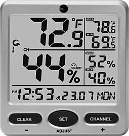 Digital thermo-hyrometer console with humidity indicator for cleanroom application, connects to up to 8 wireless remote sensors  |  5401-34 displayed