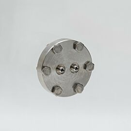 Stainless steel vacuum feedthrough panel with two compression-style 2-pin terminations  |  5235-62 displayed