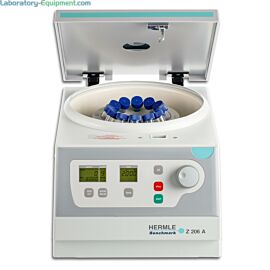 Hermle’s Z206 compact centrifuge, with maximum speed of 6,000 rpm, holds tubes in swing-out or angle rotors  |  2823-51 displayed