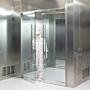 Frameless all-glass cleanroom doors minimize crevices where particles and germs can collect; suitable for labs or cleanrooms with strict cleaning protocols  |  6712-02 displayed