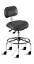 Biofit black desk chair includes tubular steel base, large trapezoid backrest, saddle-shaped seat, footring, and dual-wheel casters for ESD applications