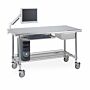 Stainless steel lab table shown with optional shelf, drawer, keyboard tray, monitor arm and locking casters  |  1533-84 displayed