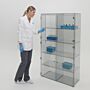 Plastic cleanroom storage cabinet with 10 chambers, 4 doors; ESD-safe design features static-dissipative PVC and grounding tape to door hinges  |  3948-16 displayed