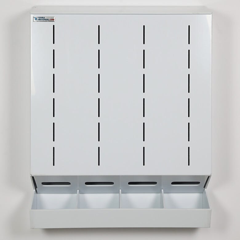Wall mount 4-chamber glove dispenser in polypropylene with built-in catch basin and hinged top  |  4952-14A displayed