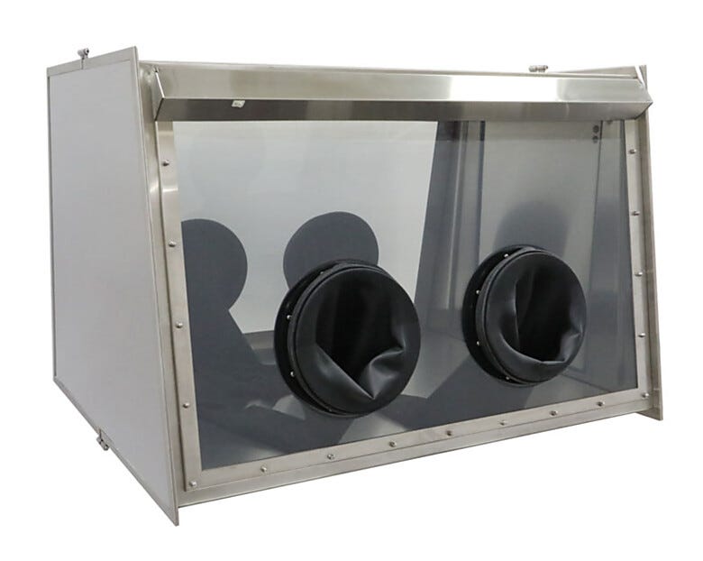 Stainless steel glove box isolator with polycarbonate windows allows full chamber visibility and convenient dual-side access; shown with optional gloves  |  1694-33A displayed