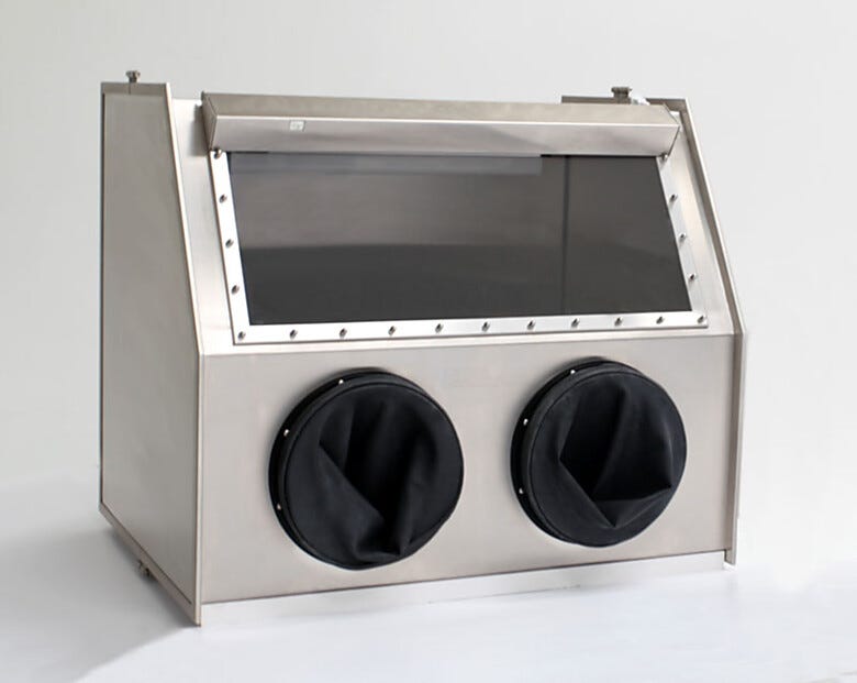 Stainless Steel Glove Box maintains low-humidity conditions to protect sensitive parts (shown with optional gloves)  |  1694-01C displayed