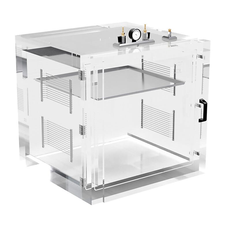 Transparent acrylic vacuum desiccator chamber with front-opening door, internal racks and adjustable shelf, and vacuum connections  |  3305-68 displayed