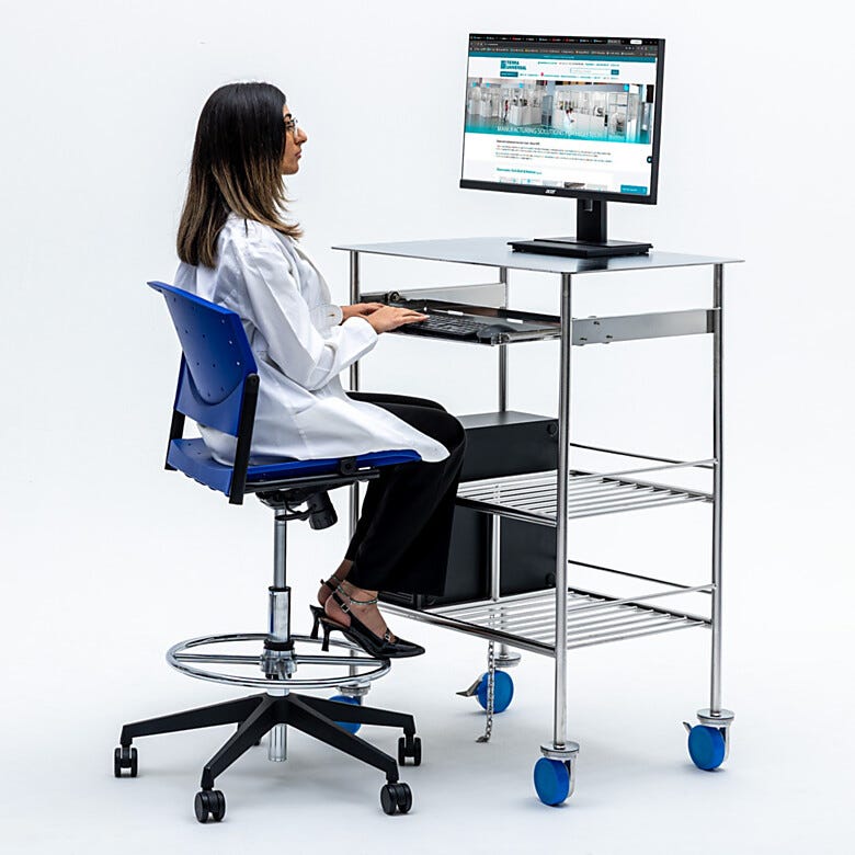 316L Stainless Steel cleanroom computer cart made with stainless steel rods to promote laminar flow  |  9600-19A displayed