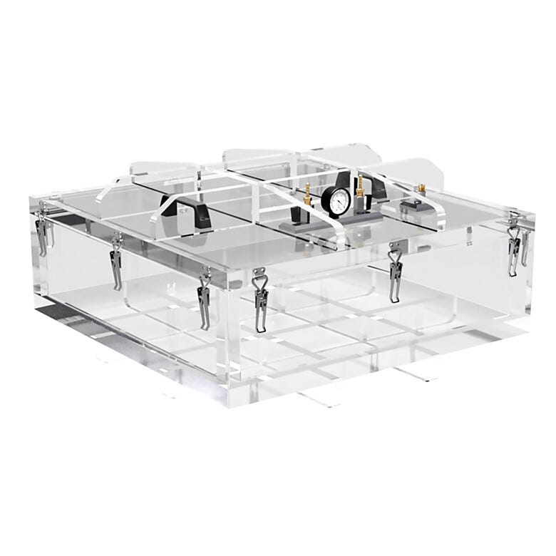 Transparent plexiglass vacuum chamber in a wide, flat configuration and top lid with vacuum gauge and needle valves installed | 3305-77 displayed