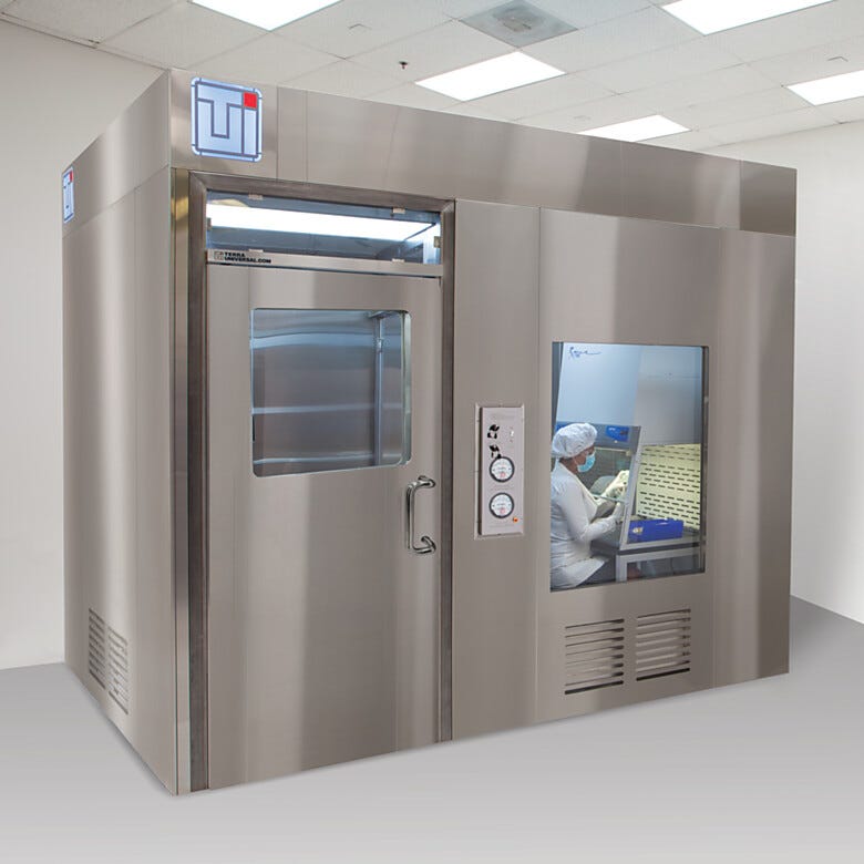 Shown is an all stainless-steel USP800 compounding room, including ante-room and buffer room  |  2899-06-SS displayed