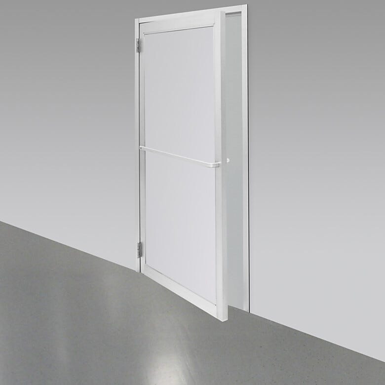 Double swing pre-hung door with powder-coated aluminum frame and polypropylene window for cleanrooms, 72