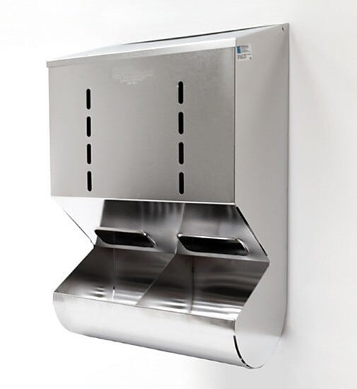 Stainless Steel Wall Mounted 2 Chamber Glove Dispenser with Catch Tray | 4951-38-2-316 displayed