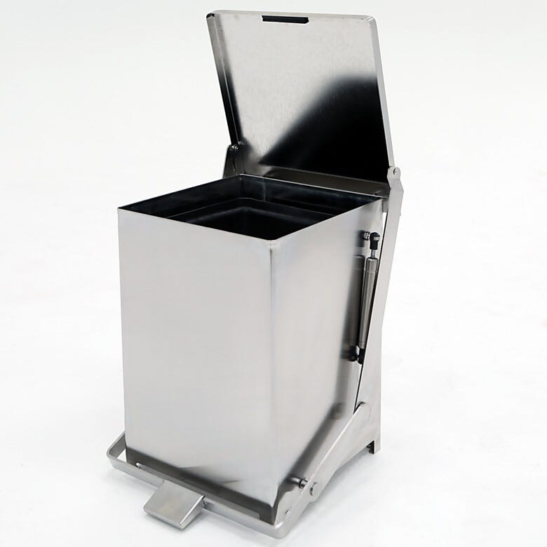 Electropolished ISO 4 stainless steel rectangular hands-free waste receptacle with pneumatic soft-closing lid, 12
