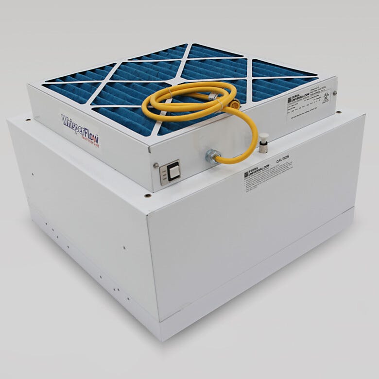 Room-Side Replaceable Fan Filter Unit, 2' x 2'; WhisperFlow® baffling system promotes quiet operation and uniform air speed across filter face
