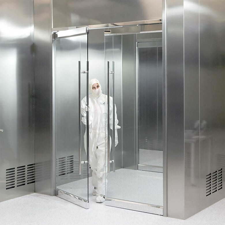 Frameless all-glass cleanroom doors minimize crevices where particles and germs can collect; suitable for labs or cleanrooms with strict cleaning protocols | 6712-02 displayed