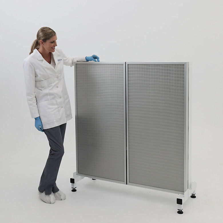 Front side of horizontal laminar flow module; 2 HEPA fan filter units mounted on a base stand