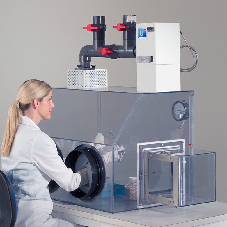 Adjustable airflow glove box provides open- or closed-loop filtration (single-pass or recirculation); shown in recirculation mode