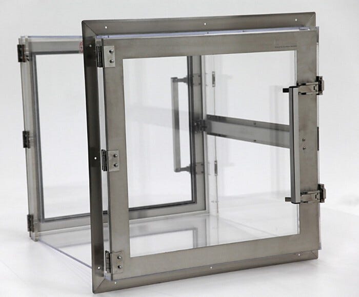 Acrylic cleanroom pass-through with stainless steel-reinforced door frames includes a mechanical interlock to prevent cross-contamination | 1992-51D displayed