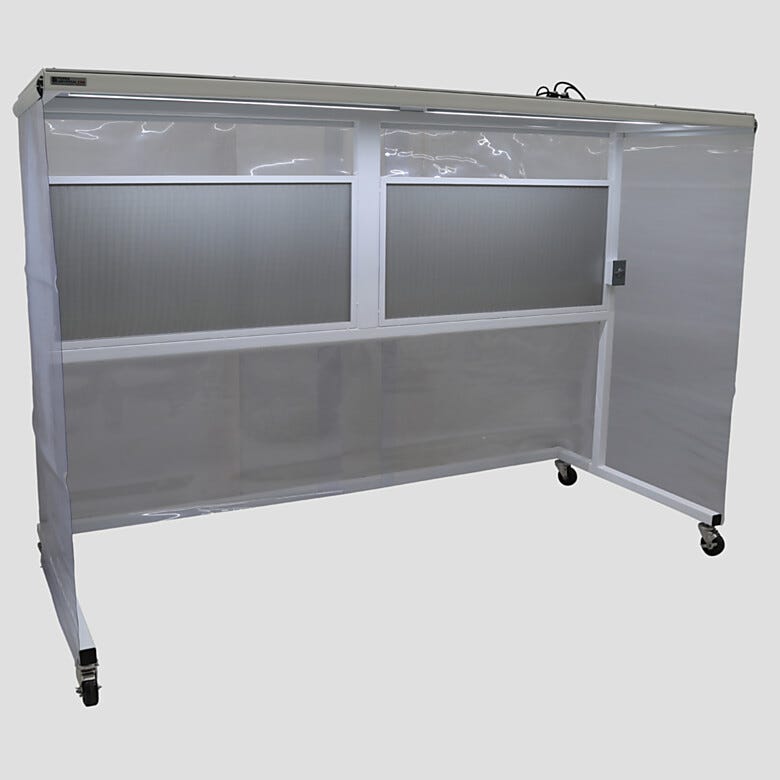 Portable horizontal CleanBooth, three-sided Softwall enclosure and polypropylene ceiling, laminar flow of HEPA-filtered air and castered frame with locking brak | 1870-21 displayed