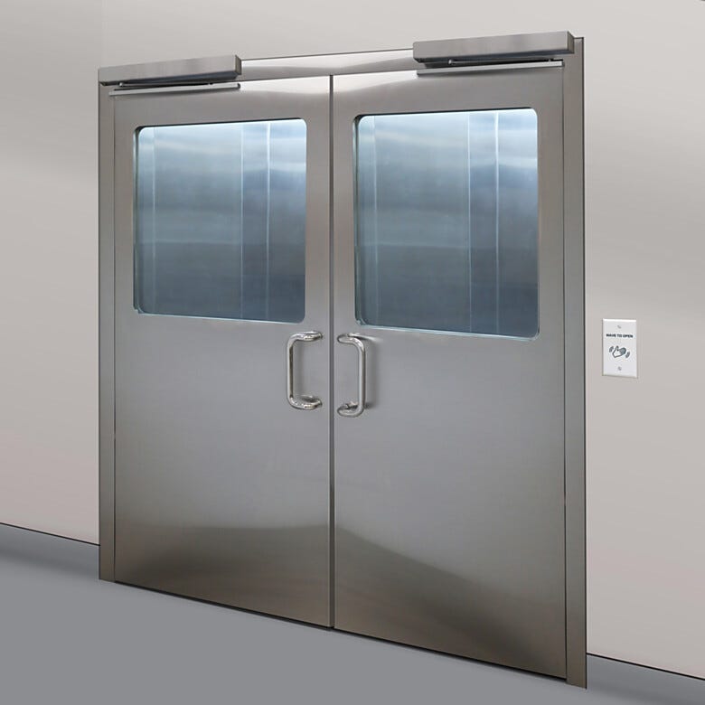 Stainless steel double doors with partial view flush mount windows and ladder style pull handles  |  6602-94B displayed