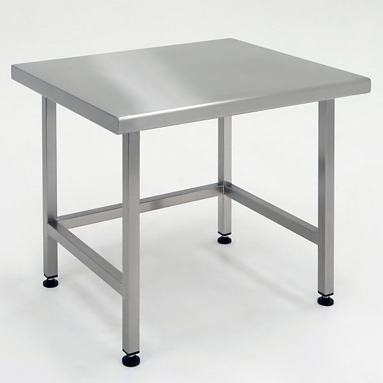 Stainless steel ISO-rated cleanroom table with solid top features ultra-smooth surfaces for easy cleaning and sterilization  |  9603-03 displayed