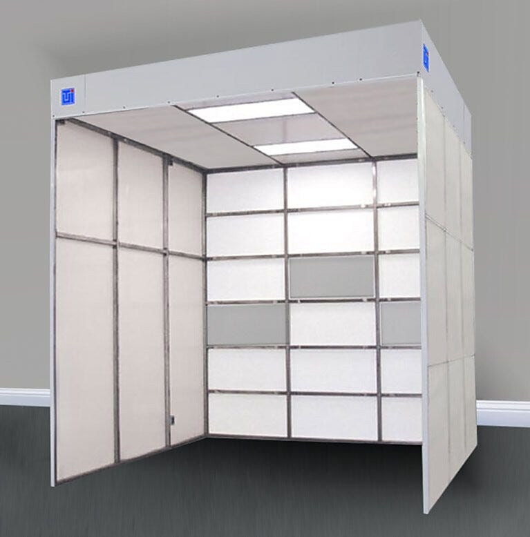 Custom HLF polypropylene cleanroom with strip panels removed; shown with optional lights and FFUs | 6604-10 displayed