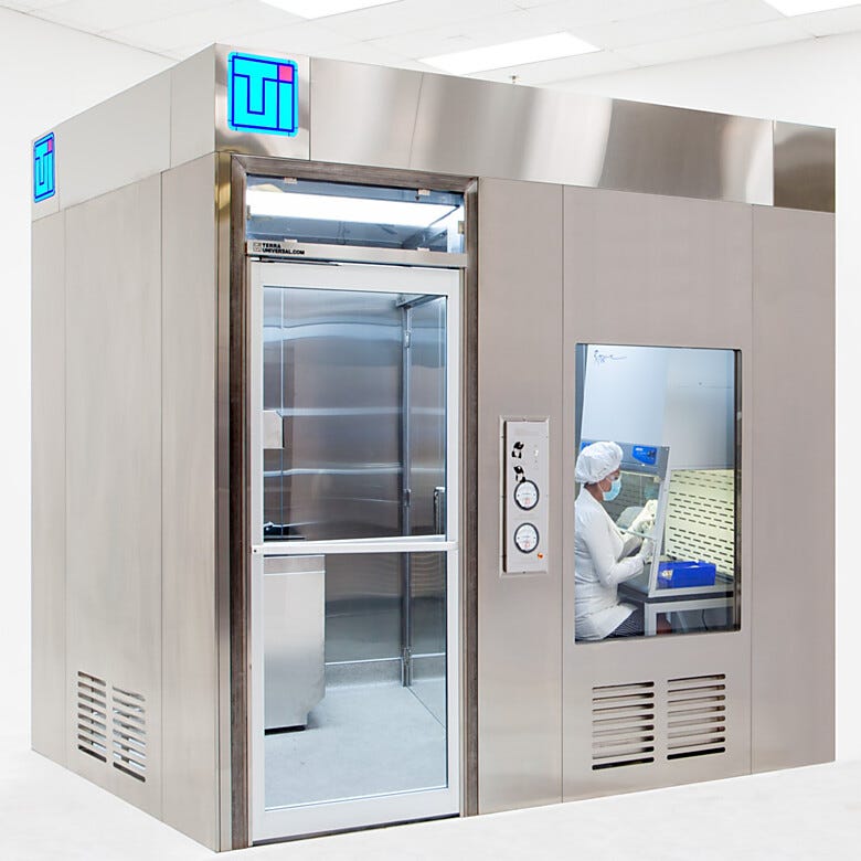 Shown is an all stainless-steel USP797 compounding room, including ante-room and buffer room  |  2900-94-SS displayed