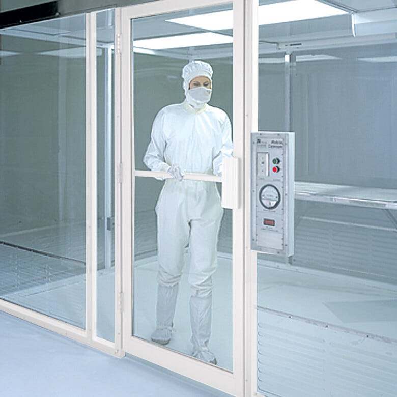 Swing door with powder-coated aluminum frame.